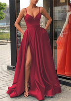 Satin Prom Dresses A-line/Princess Long/Floor-Length Sleeveless With Split Pockets