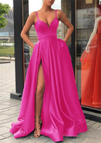 Satin Prom Dresses A-line/Princess Long/Floor-Length Sleeveless With Split Pockets