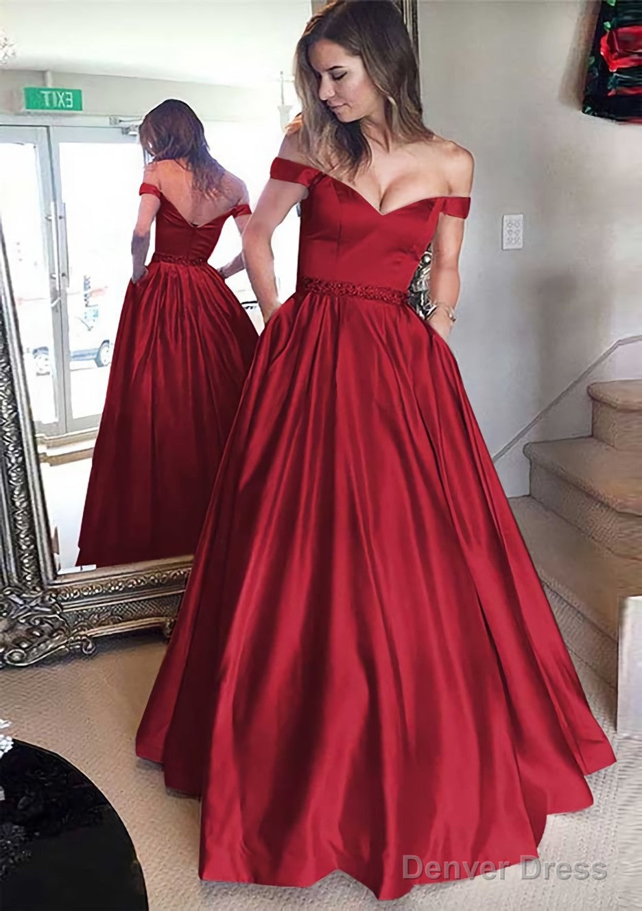 Satin Prom Dresses A Line Off The Shoulder Long Floor Length With Beaded