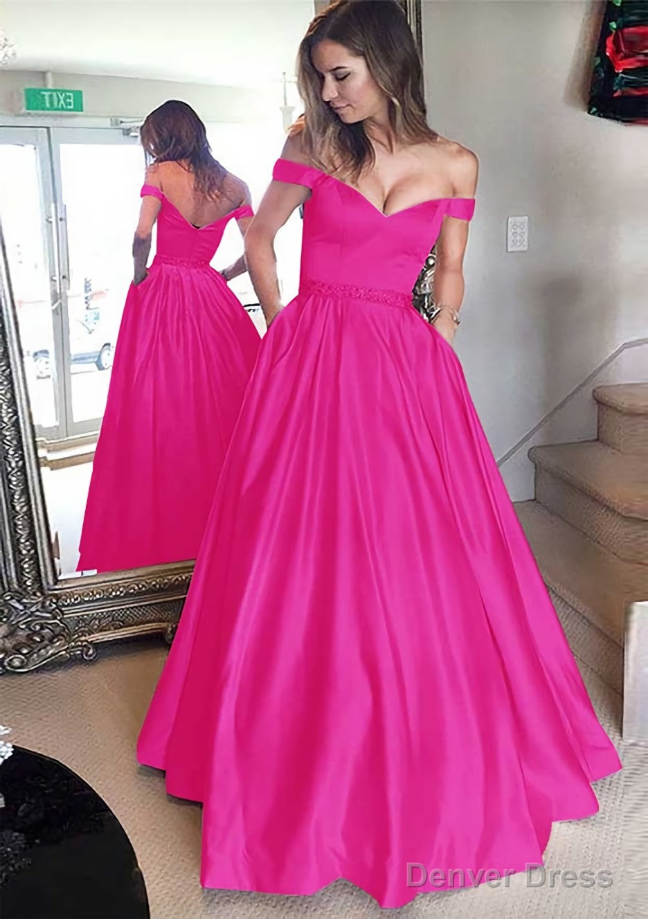 Satin Prom Dresses A-Line/Princess Off-The-Shoulder Long/Floor-Length With Beaded