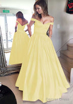 Satin Prom Dresses A Line Off The Shoulder Long Floor Length With Beaded