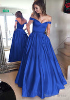Satin Prom Dresses A Line Off The Shoulder Long Floor Length With Beaded