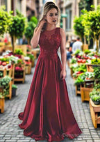 Satin Prom Dresses A-Line/Princess Scoop Neck Sweep Train With Appliqued