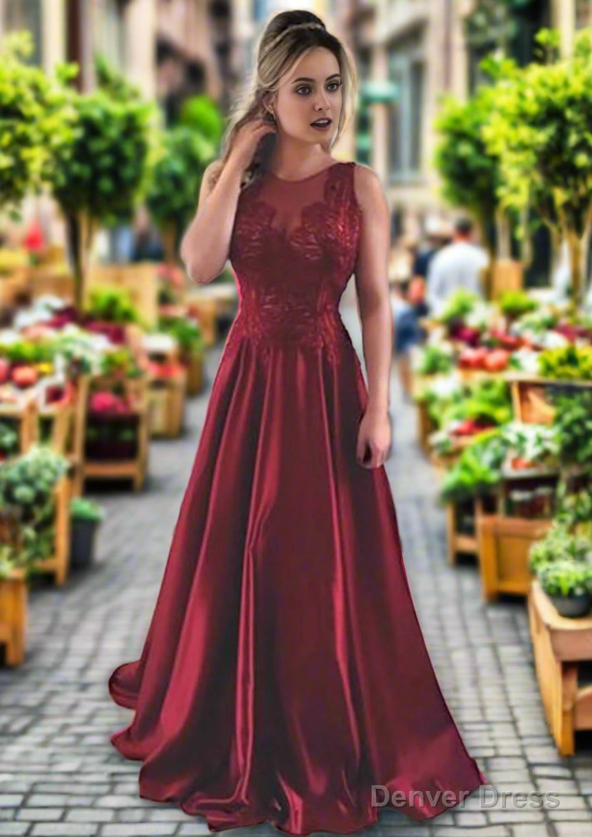 Satin Prom Dresses A-Line/Princess Scoop Neck Sweep Train With Appliqued