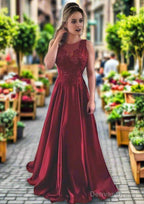 Satin Prom Dresses A Line Scoop Neck Sweep Train With Appliqued