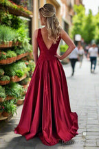 Satin Prom Dresses A Line Scoop Neck Sweep Train With Appliqued