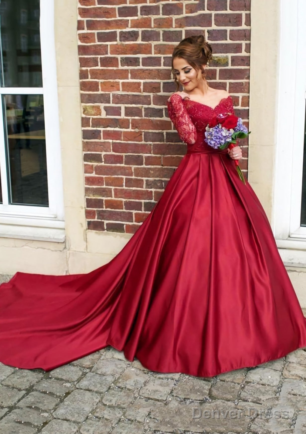 Satin Prom Dresses Ball Gowns V Neck Cathedral Train With Lace Main image