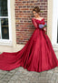 Satin Prom Dresses Ball Gowns V Neck Cathedral Train With Lace