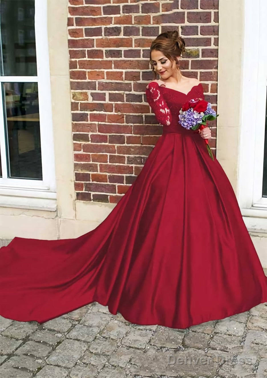 Satin Prom Dresses Ball Gowns V Neck Cathedral Train With Lace