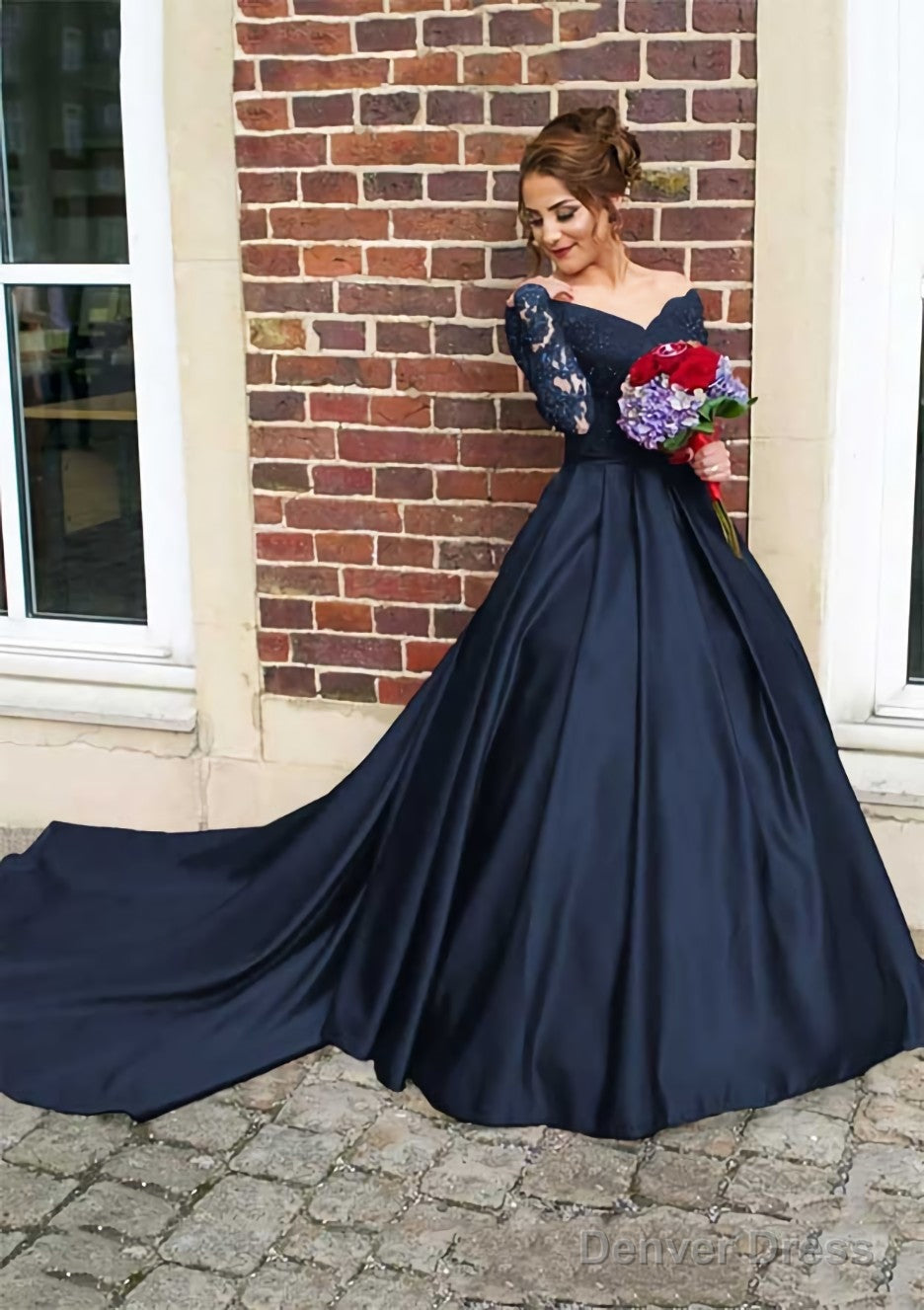 Satin Prom Dresses Ball Gowns V Neck Cathedral Train With Lace Secondary image