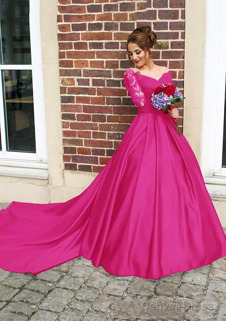 Satin Prom Dresses Ball Gowns V Neck Cathedral Train With Lace