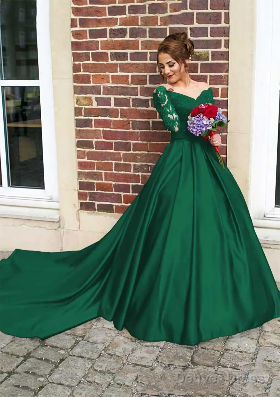 Satin Prom Dresses Ball Gowns V Neck Cathedral Train With Lace