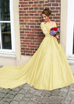 Satin Prom Dresses Ball Gowns V Neck Cathedral Train With Lace
