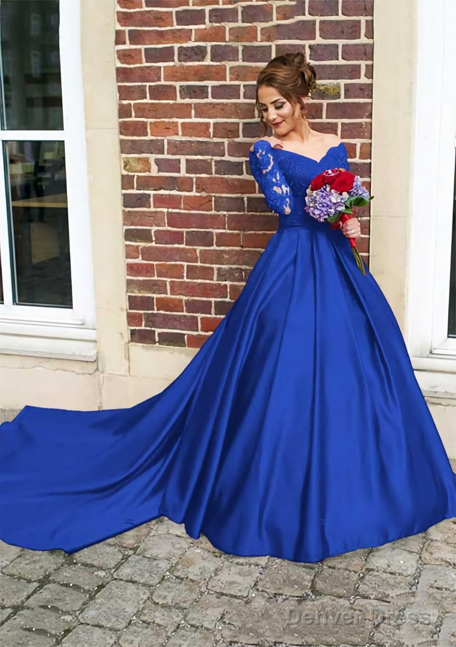 Satin Prom Dresses Ball Gowns V Neck Cathedral Train With Lace