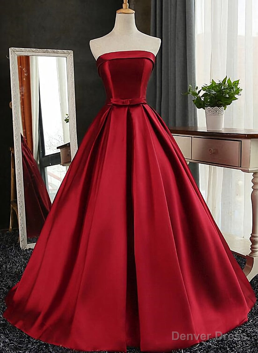 Satin Scoop Floor Length Ball Prom Dresses , Dark Red Sweet 16 Gowns