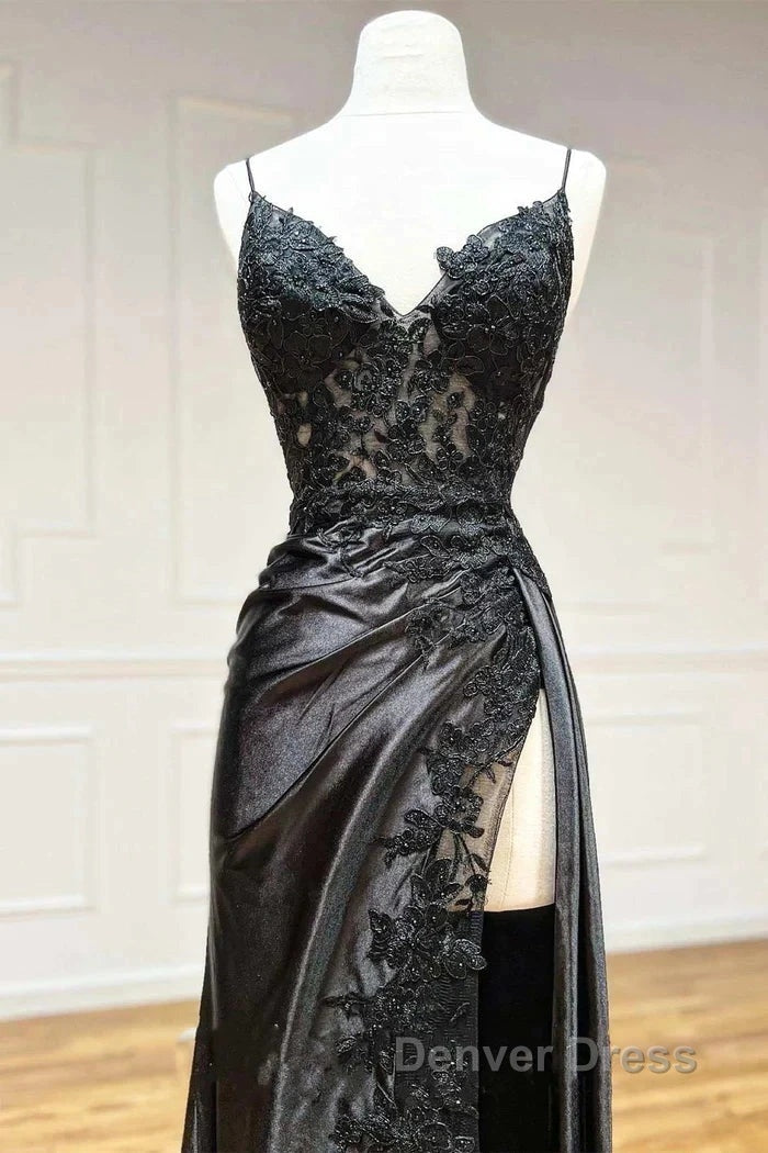 Satin Sheath Column Black Spaghetti Strap Prom Dresses With Slit Secondary image