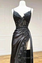 Satin Sheath Column Black Spaghetti Strap Prom Dresses With Slit