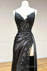 Satin Sheath Column Black Spaghetti Strap Prom Dress With Slit