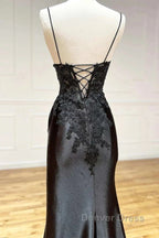 Satin Sheath Column Black Spaghetti Strap Prom Dresses With Slit