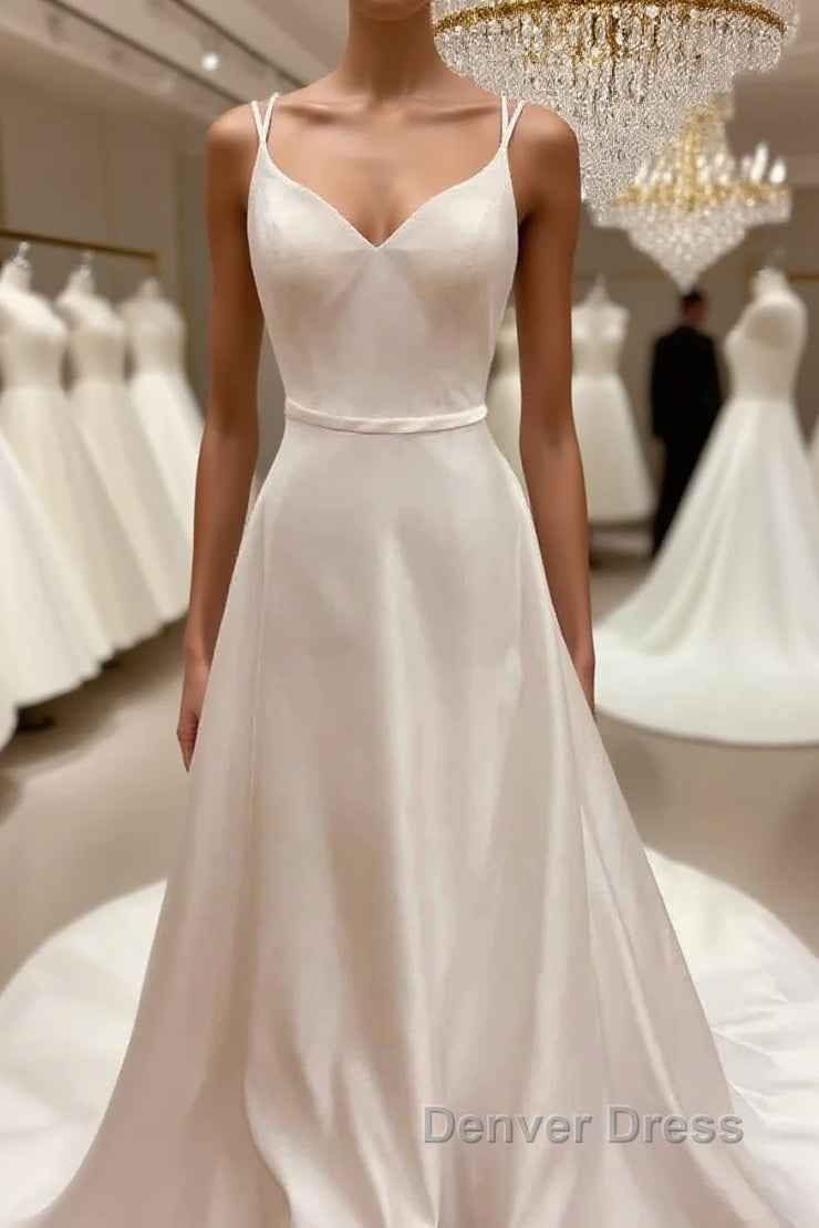 Satin Spaghetti Straps Backless Long Wedding Dresses Main image
