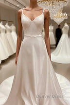 Satin Spaghetti Straps Backless Long Wedding Dresses