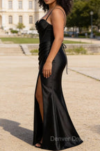Satin Spaghetti Straps Black Prom Dresses with Corset