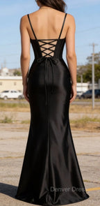 Satin Spaghetti Straps Black Prom Dresses with Corset