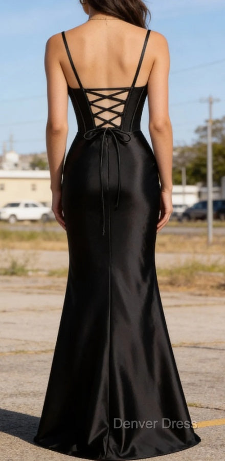 Satin Spaghetti Straps Black Prom Dresses with Corset