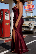 Satin Spaghetti Straps Burgundy Prom Dresses with Corset