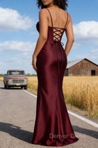 Satin Spaghetti Straps Burgundy Prom Dresses with Corset