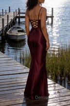 Satin Spaghetti Straps Burgundy Prom Dresses with Corset