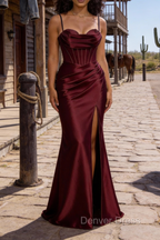 Satin Spaghetti Straps Burgundy Prom Dresses with Corset