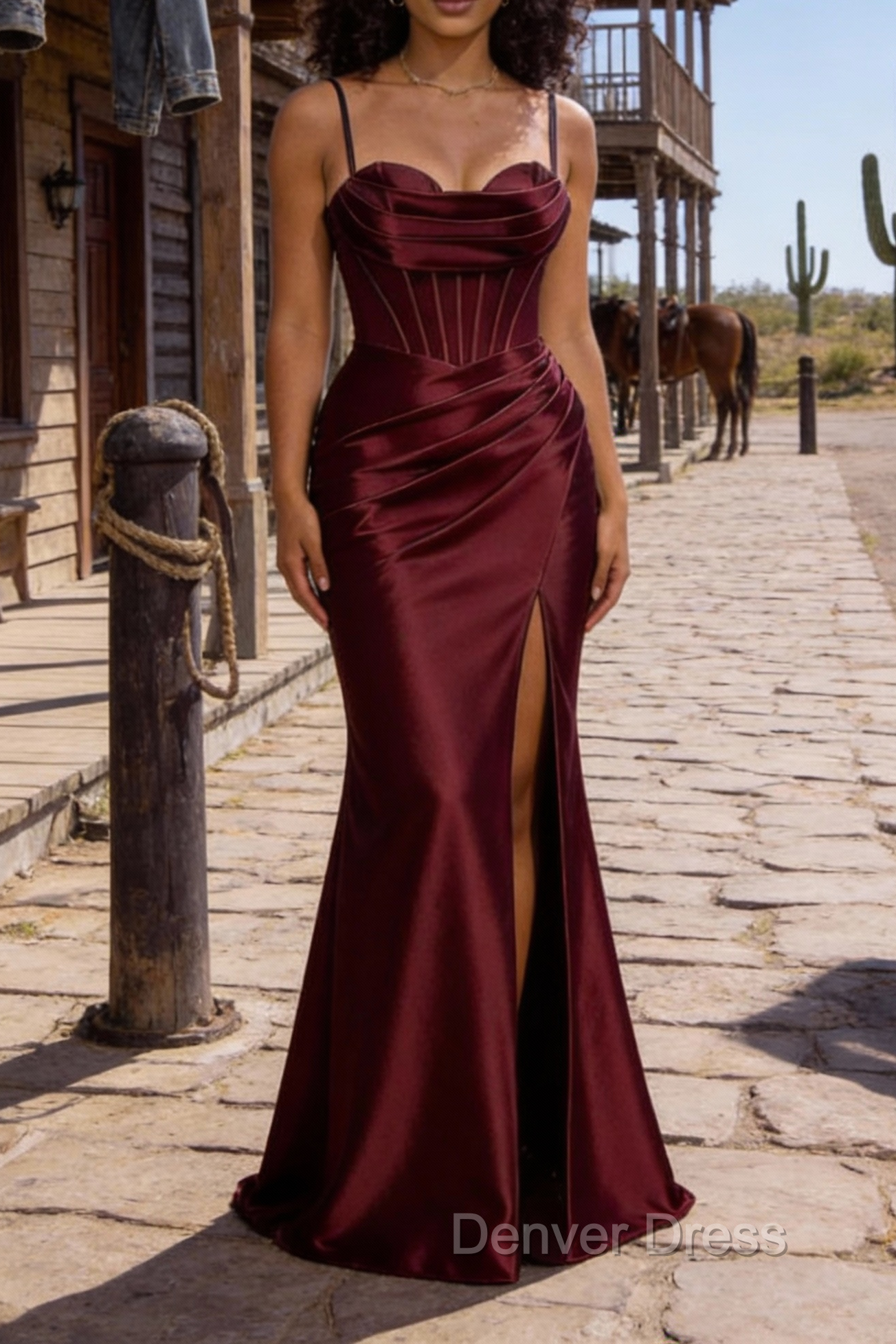 Satin Spaghetti Straps Burgundy Prom Dresses with Corset