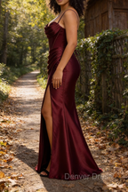 Satin Spaghetti Straps Burgundy Prom Dresses with Corset