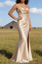 Satin Spaghetti Straps Champagne Prom Dresses with Corset
