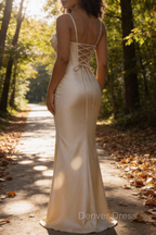 Satin Spaghetti Straps Champagne Prom Dresses with Corset
