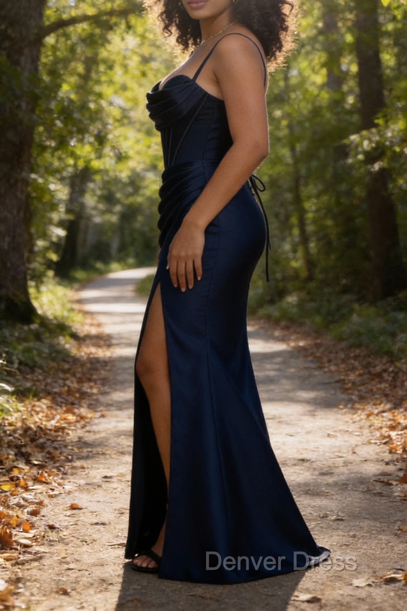 Satin Spaghetti Straps Dark Navy Prom Dresses with Corset