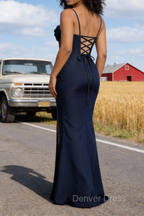 Satin Spaghetti Straps Dark Navy Prom Dresses with Corset