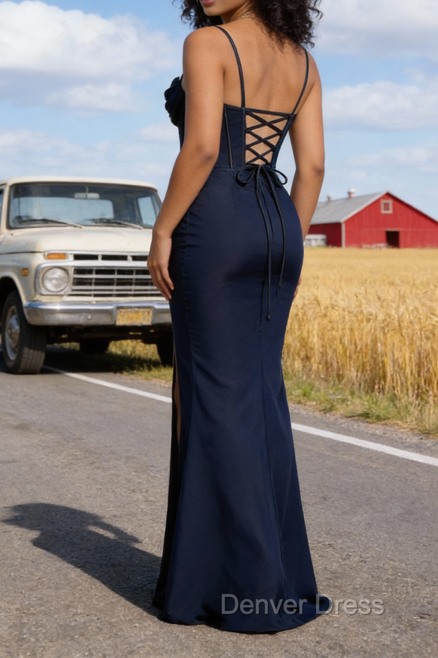 Satin Spaghetti Straps Dark Navy Prom Dresses with Corset