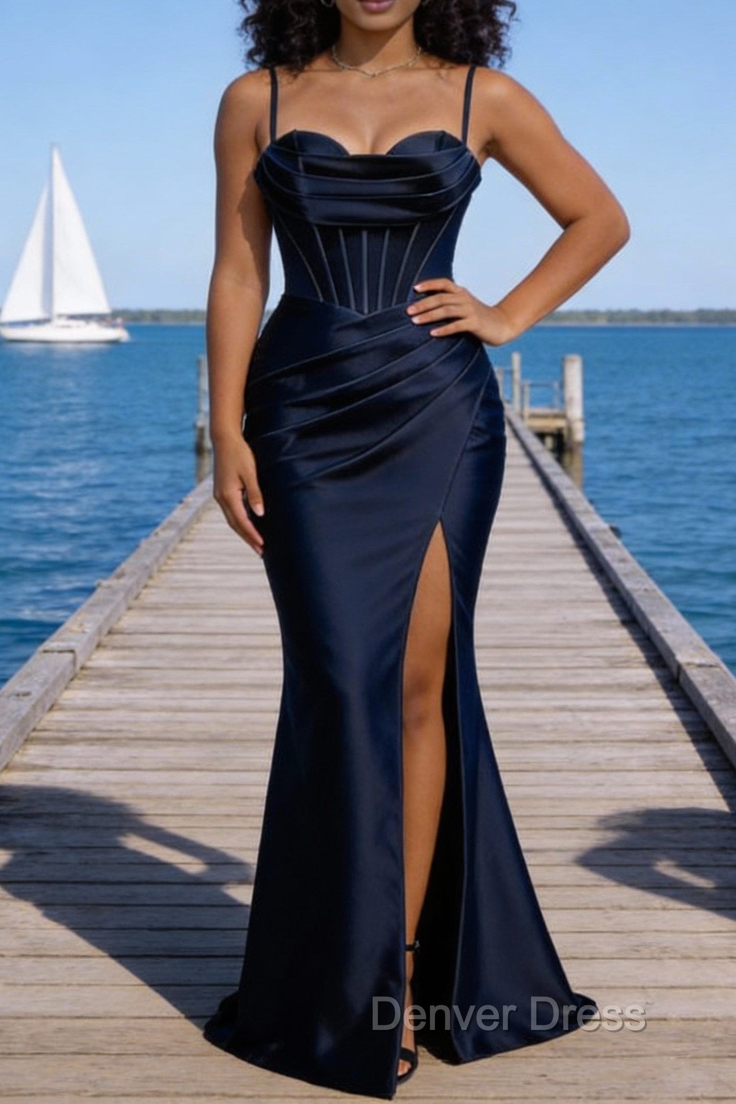Satin Spaghetti Straps Dark Navy Prom Dresses with Corset