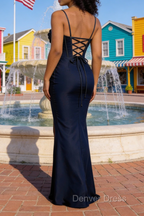 Satin Spaghetti Straps Dark Navy Prom Dresses with Corset