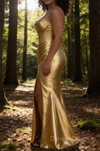 Satin Spaghetti Straps Gold Prom Dresses with Corset