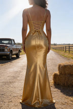 Satin Spaghetti Straps Gold Prom Dresses with Corset