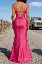 Satin Spaghetti Straps Hot Pink Prom Dresses with Corset