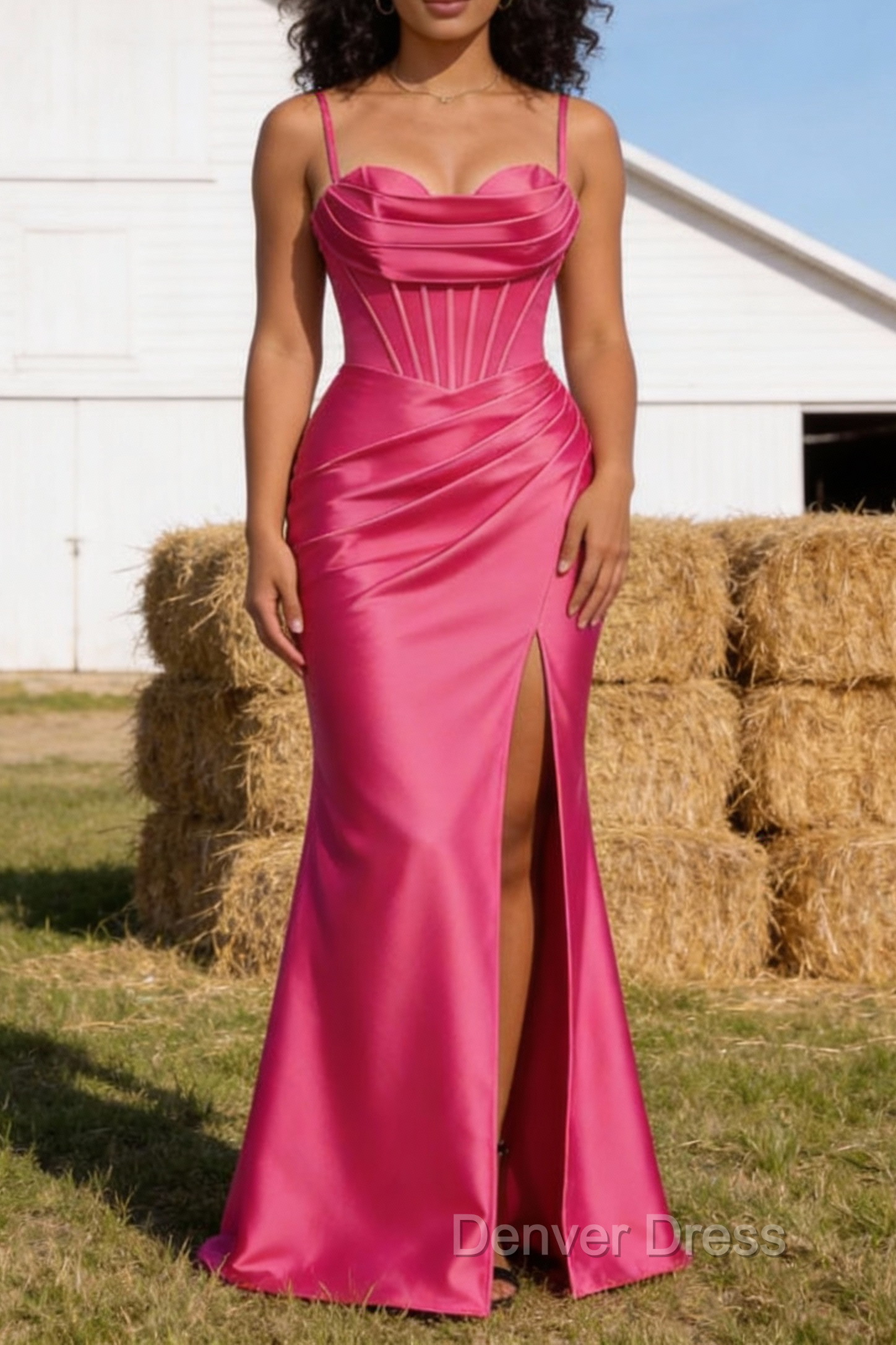 Satin Spaghetti Straps Hot Pink Prom Dresses with Corset
