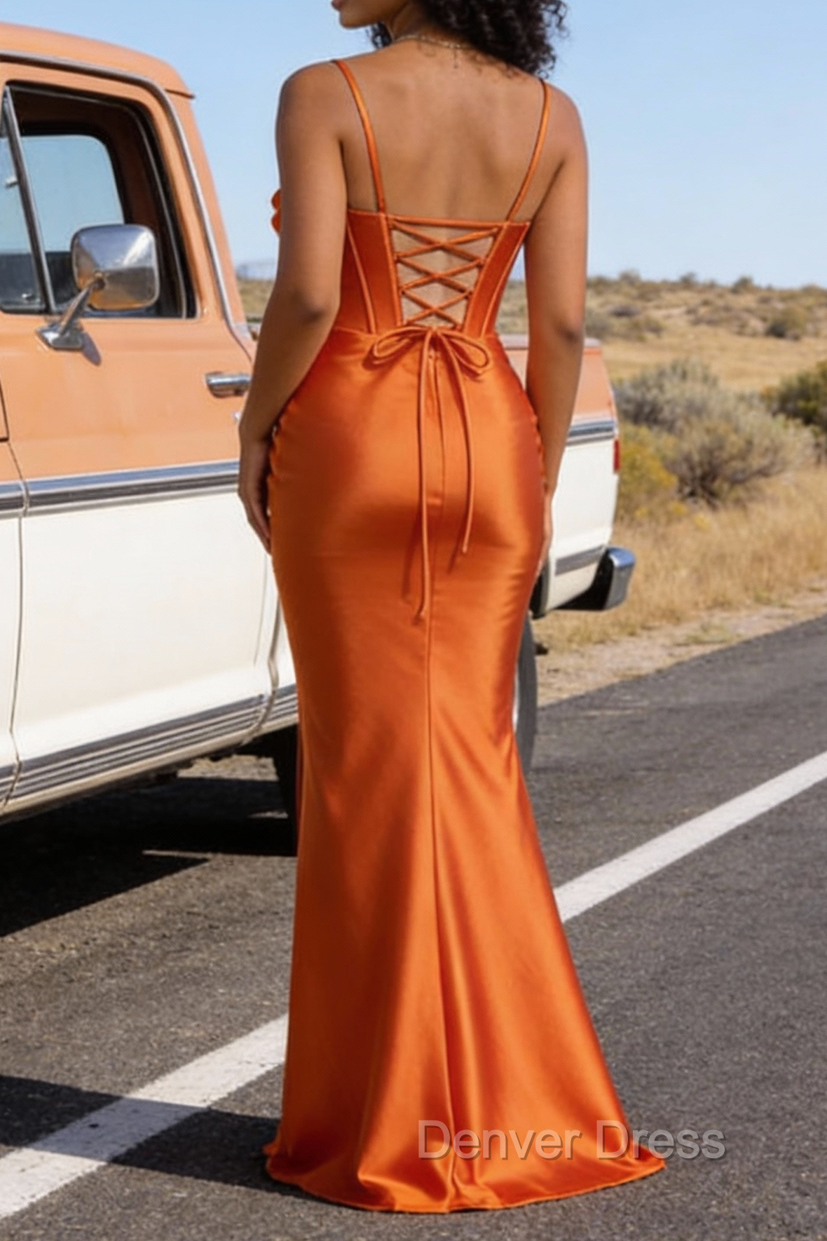 Satin Spaghetti Straps Orange Prom Dresses with Corset