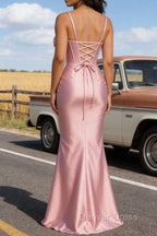 Satin Spaghetti Straps Pink Prom Dresses with Corset