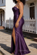 Satin Spaghetti Straps Purple Prom Dresses with Corset