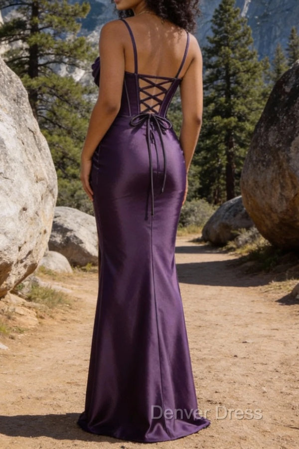 Satin Spaghetti Straps Purple Prom Dresses with Corset