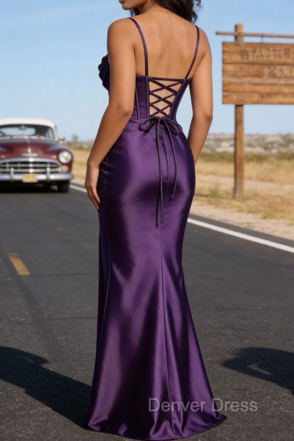 Satin Spaghetti Straps Purple Prom Dresses with Corset